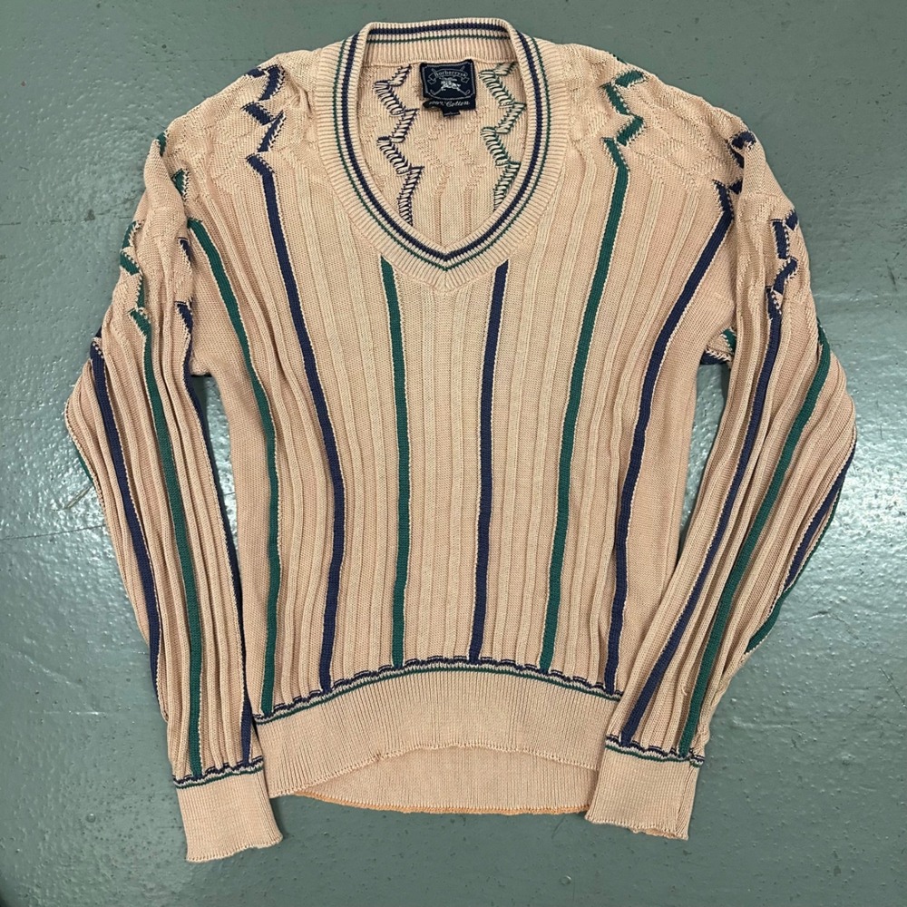 Vintage Burberrys Mens V-Neck Sweater Large Beige Preowned Ribbed Cotton Striped